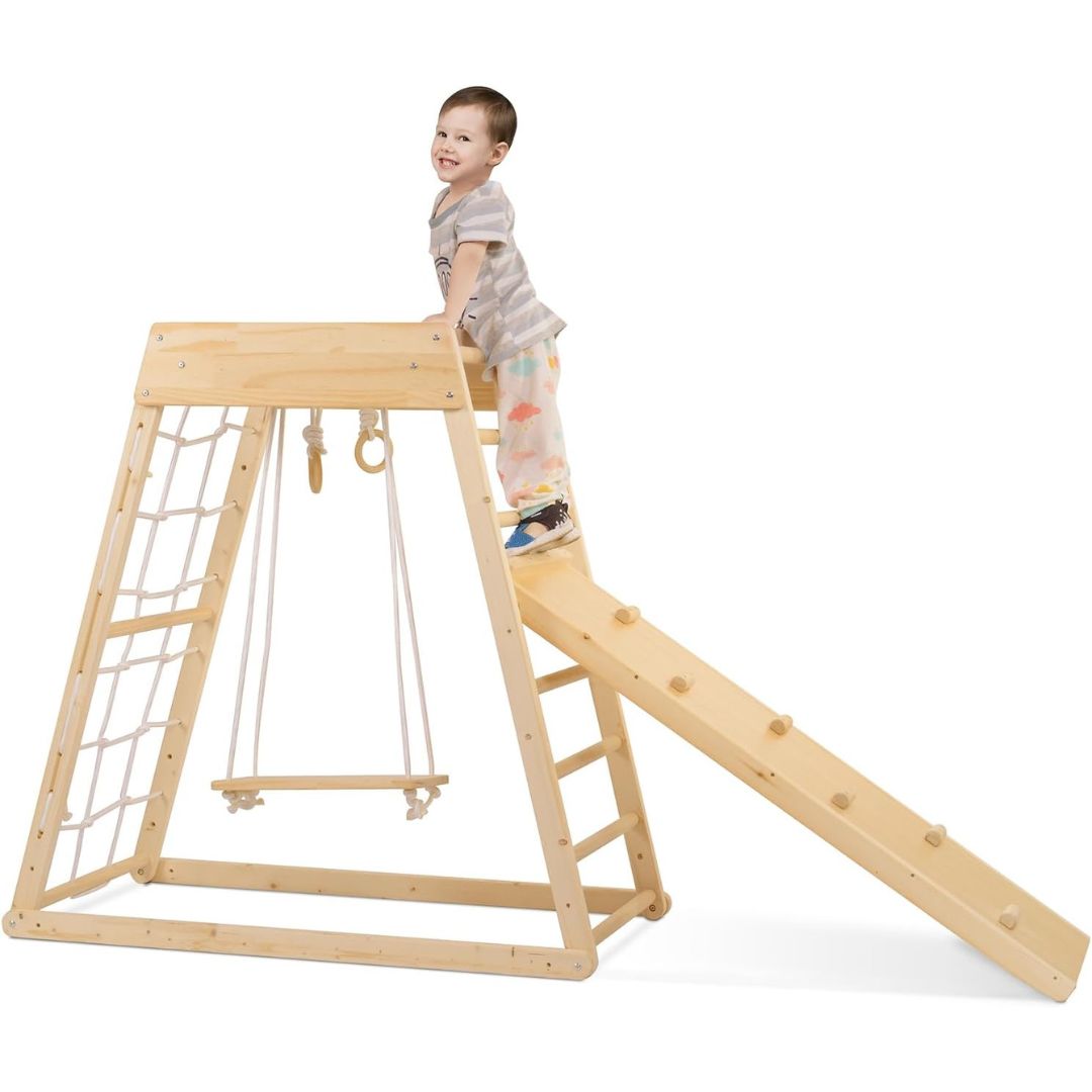 Wooden Play Gym with Slide, Monkey Bars, and Swing