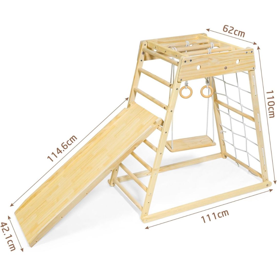 Wooden Play Gym with Slide, Monkey Bars, and Swing