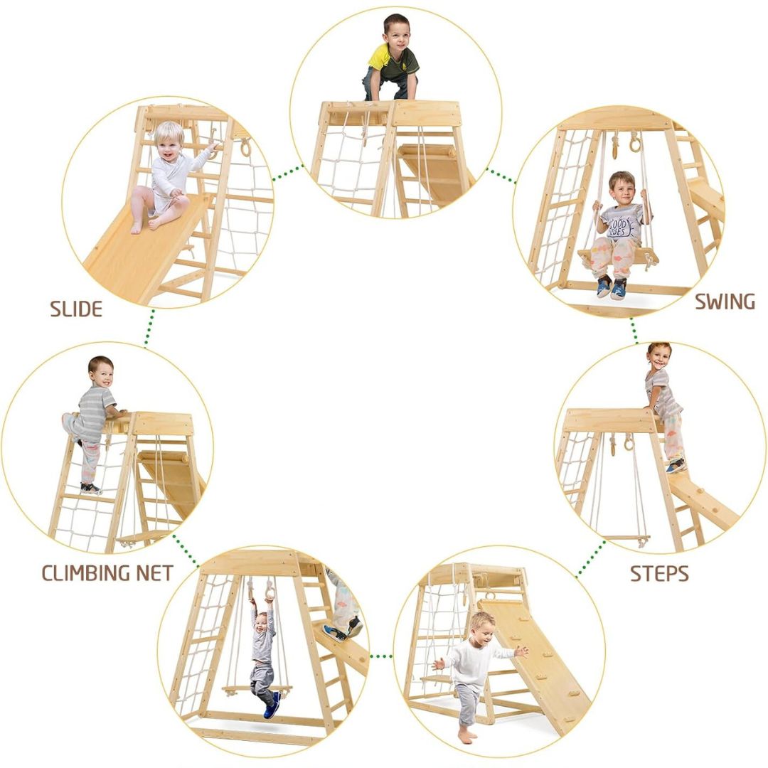 Wooden Play Gym with Slide, Monkey Bars, and Swing