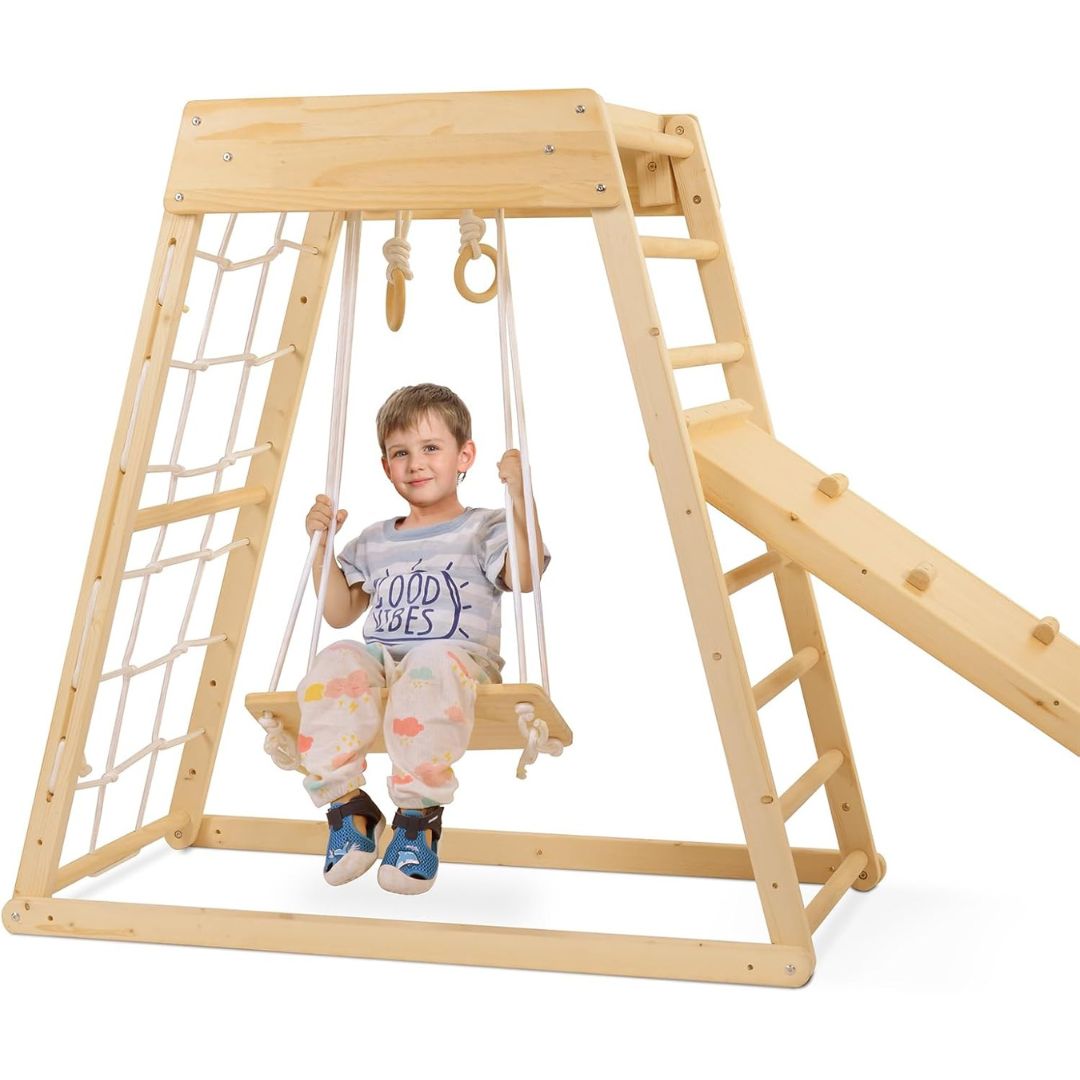 Wooden Play Gym with Slide, Monkey Bars, and Swing