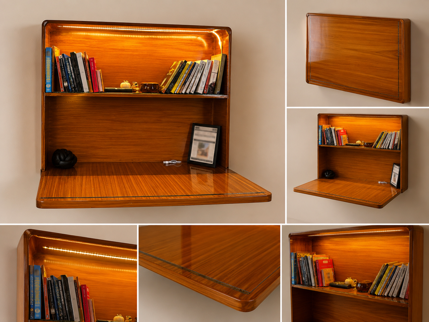 Wall-Mounted Foldable Desk with LED Bookshelf