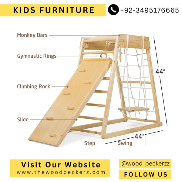 Wooden Play Gym with Slide, Monkey Bars, and Swing – Woodpeckers