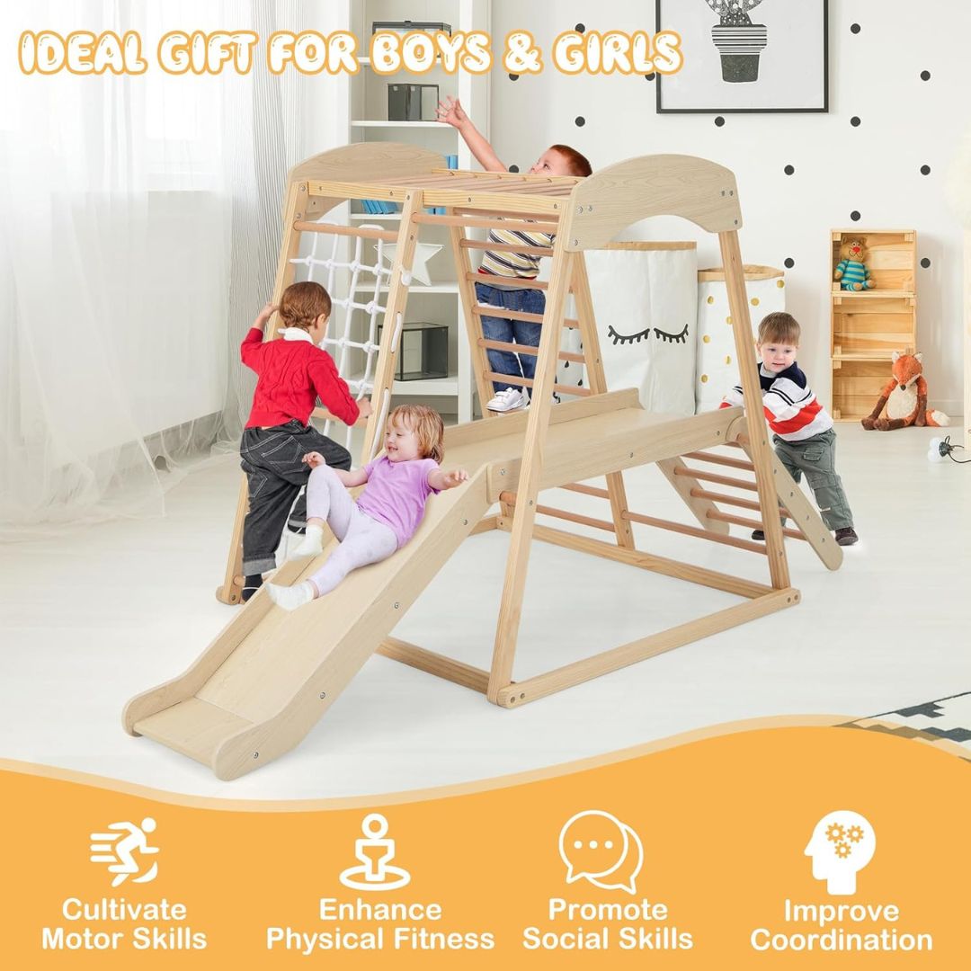 Indoor Climbing Stand, Pull Up Bar & Slide & Climbing Net & Ladder & Tunnel, Indoor Playground