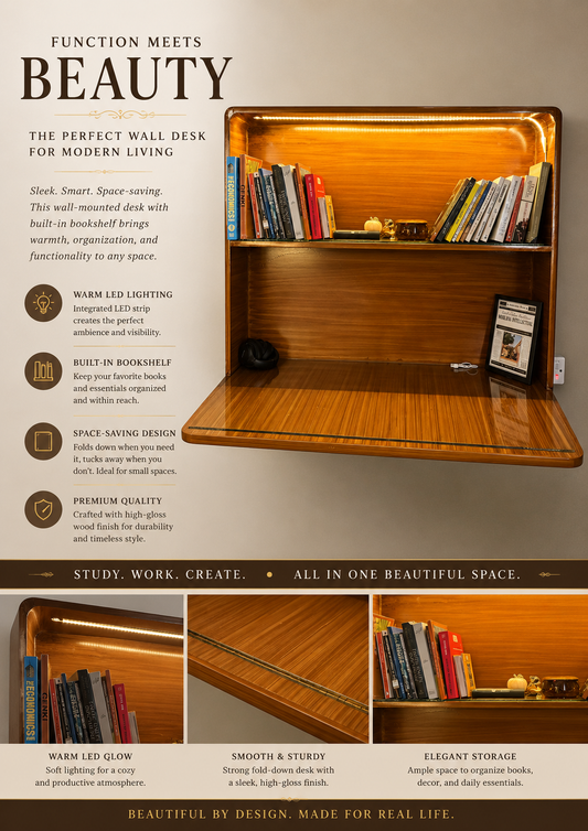 Wall-Mounted Foldable Desk with LED Bookshelf