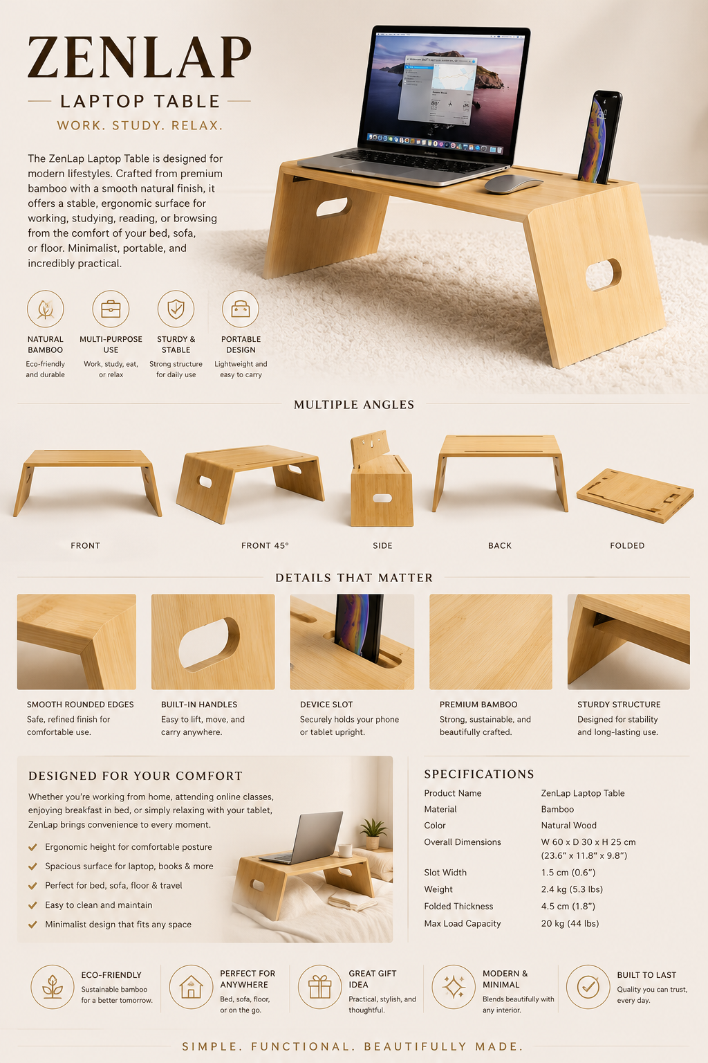 Portable Wooden Desk for Couch & Bed Use