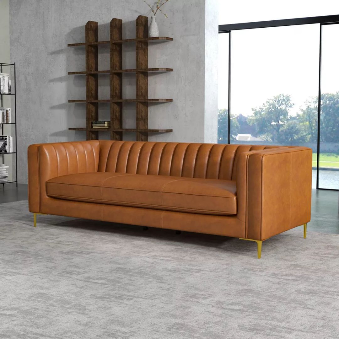 Channel Tufted Leather Sofa